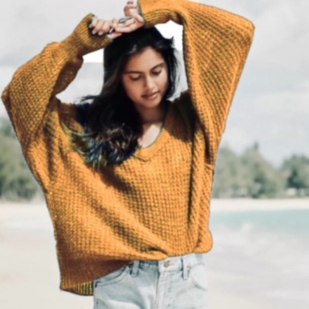 Free People Oversized Lulu V-Neckline Sweater in Tan